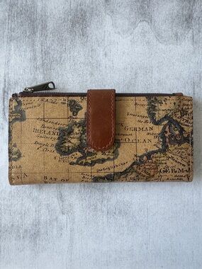 Patricia Nash Nazari Leather Bifold Wallet RFID Protection Brown European Map